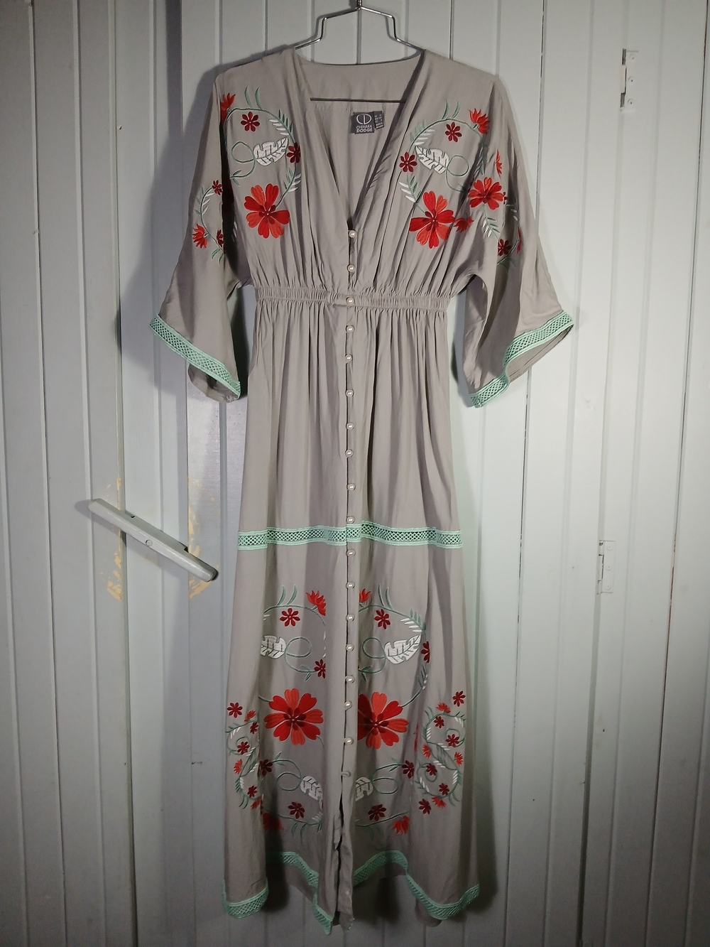 Boho Embroidered Grey Maxi Dress with Red Floral Accents